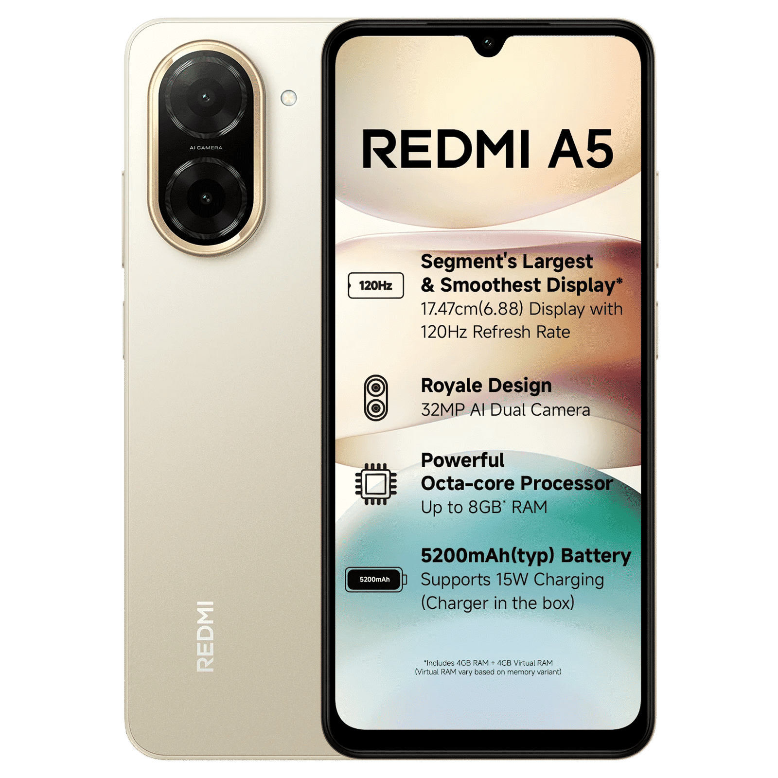 Buy Redmi A5 (4GB RAM, 128GB, Jaisalmer Gold) Online - Croma